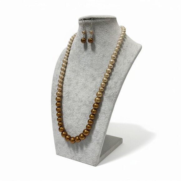 Brown Cream Glass Faux Pearl Ombre Look gradual Necklace Earring Set - Picture 2 of 2